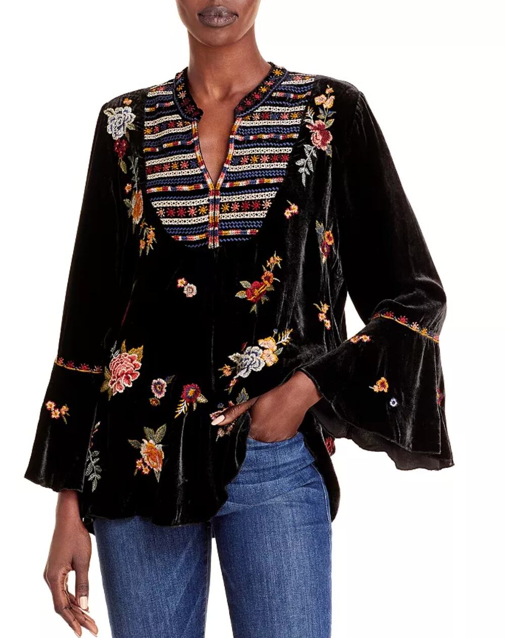 Johnny Was Brown Sisilia Embroidered Floral Velvet Peasant Blouse Top Size Small